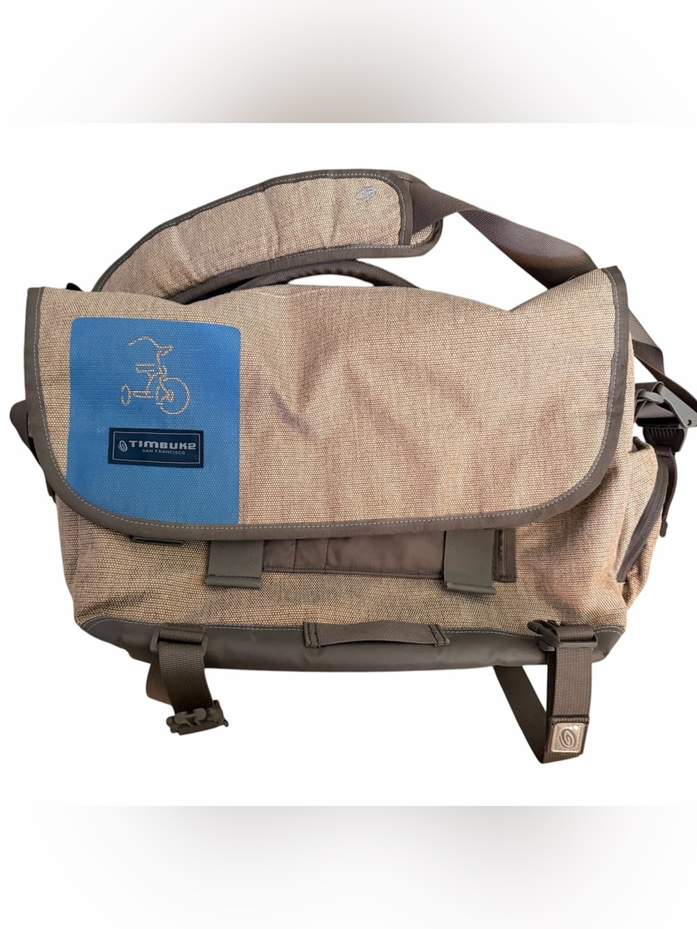 Timbuk2 Tan Messenger Bag with Blue Patch